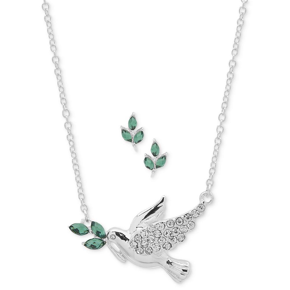 Silver-Tone Bird Pendant Necklace & Green Stone Earrings商品第2张图片规格展示