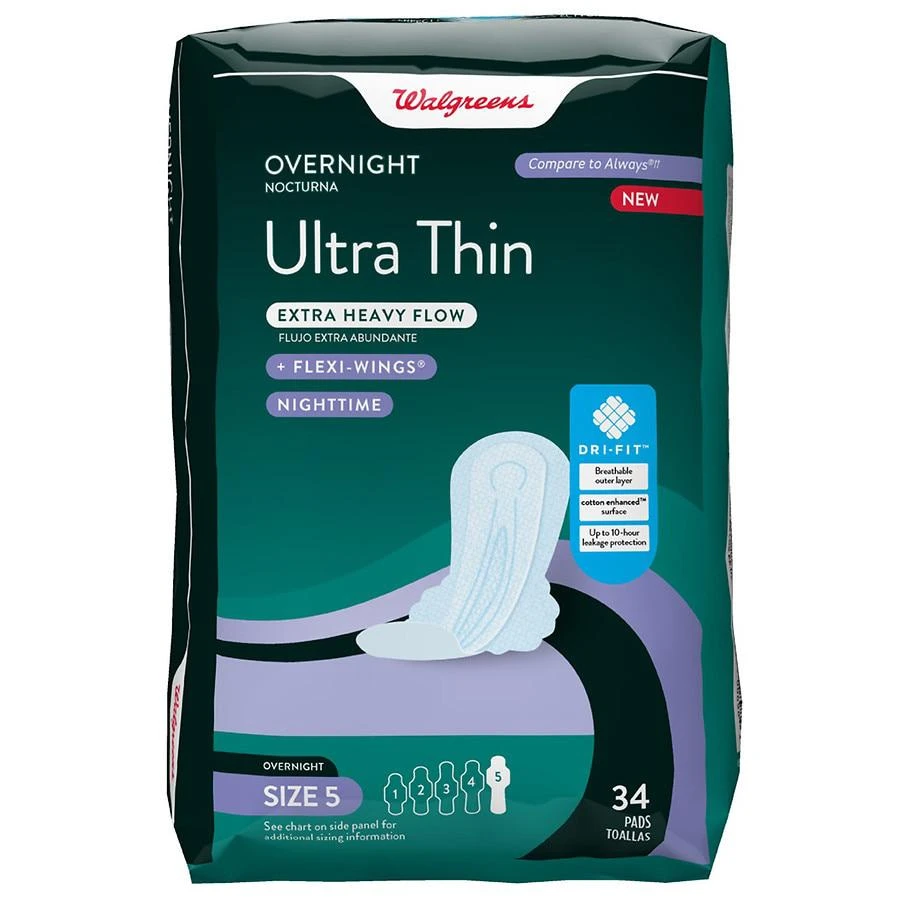 Overnight Ultra Thin Pads + Flexi Wings Unscented, Size 5 (34 ct)