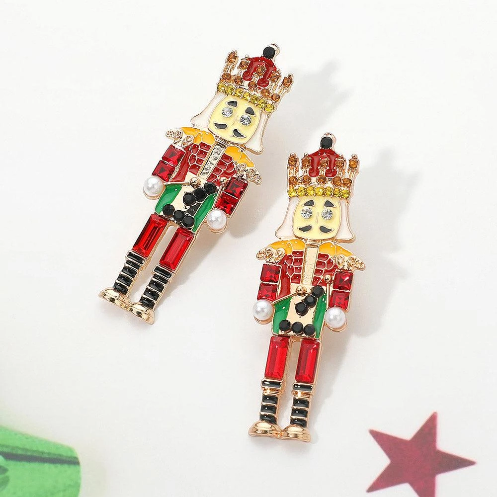 商品FASHNZFAB|Stone Embellished Pearl Pointed Enamel Nutcracker Earrings - Red,价格¥203,第1张图片