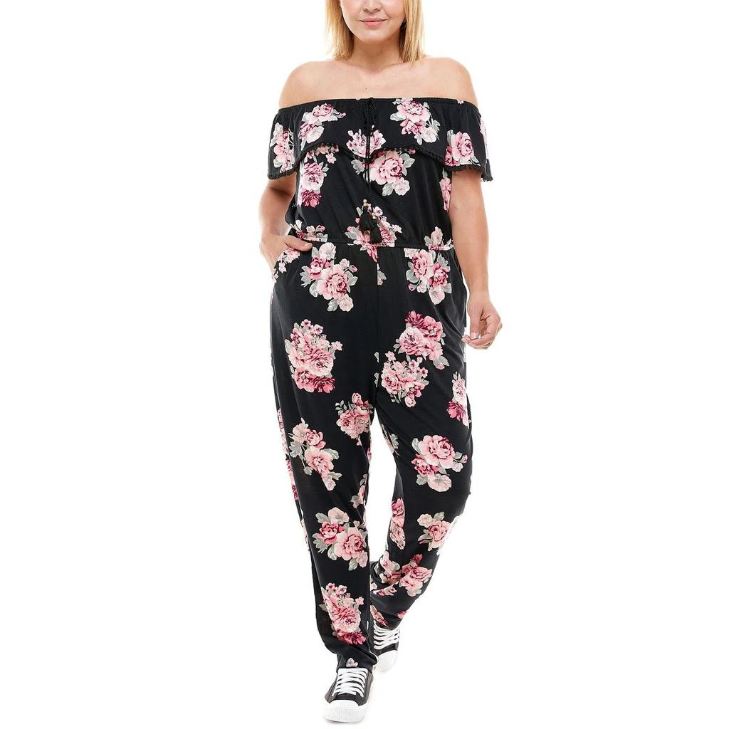 商品Planet Gold|Planet Gold Womens Plus Floral Off-The-Shoulder Jumpsuit,价格¥130,第1张图片