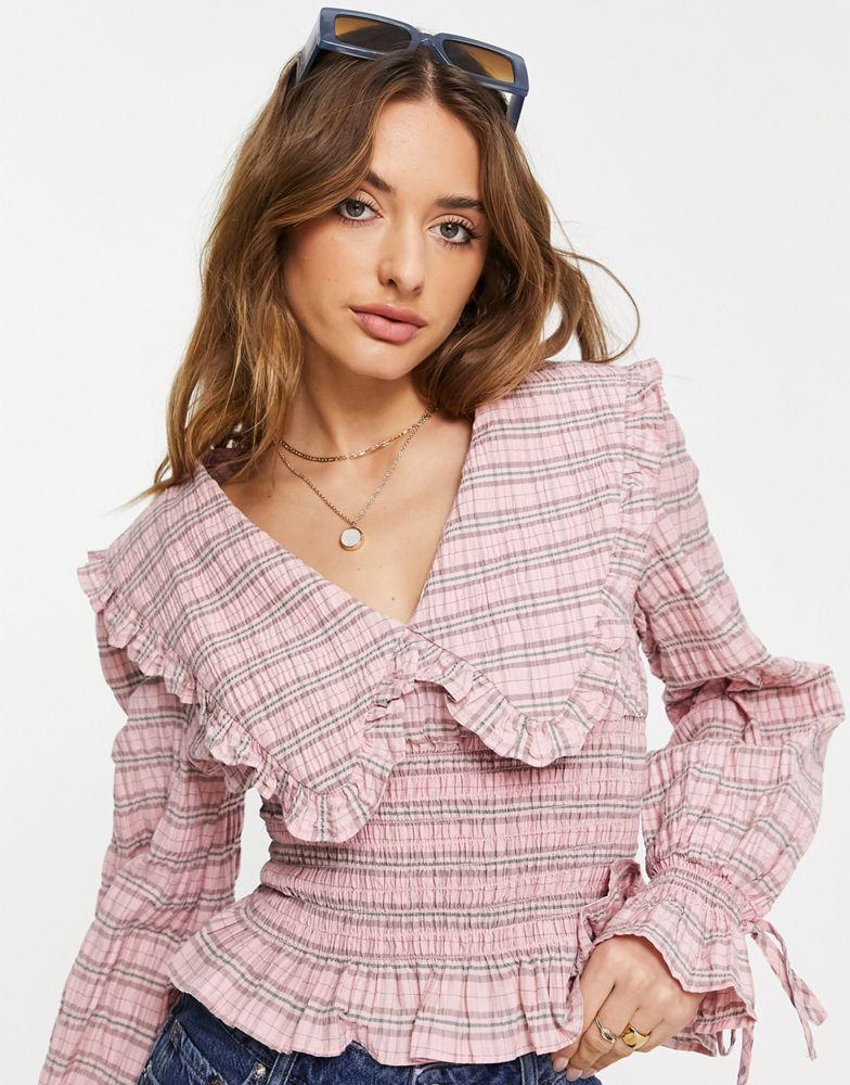 Topshop collar check blouse in pink商品第1张图片规格展示