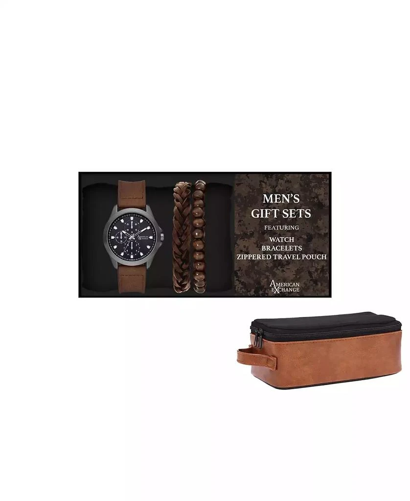 商品American Exchange|Men's Quartz Movement Brown Leather Analog Watch, 47mm and Stackable Bracelet Set with Zippered Pouch,价格¥303,第3张图片详细描述