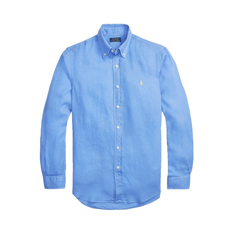 商品Ralph Lauren|拉夫劳伦 男士蓝色亚麻饰有刺绣LOGO图案尖领长袖衬衫,价格¥1455,第1张图片