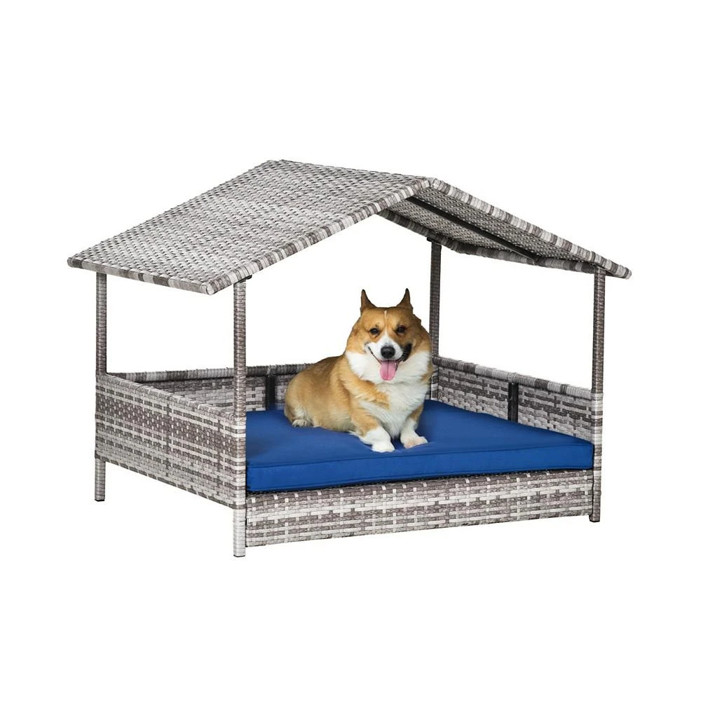 商品PawHut|Elevated Wicker Dog House, Raised Rattan Pet Bed Cabana Canopy, Blue,价格¥1451,第1张图片