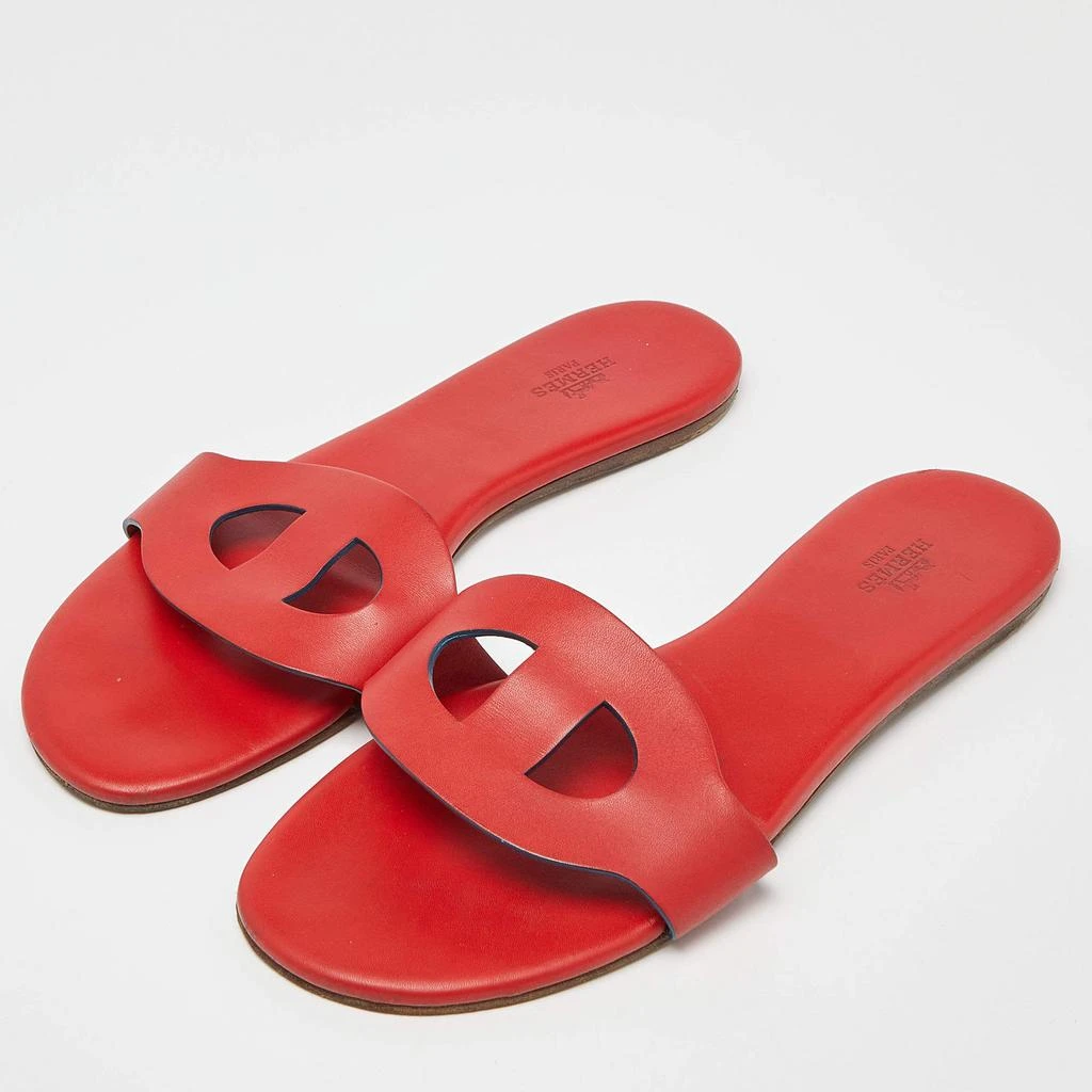 商品[二手商品] Hermes|Hermes Red Leather Lisboa Slide Flats Size 39,价格¥2815,第2张图片详细描述