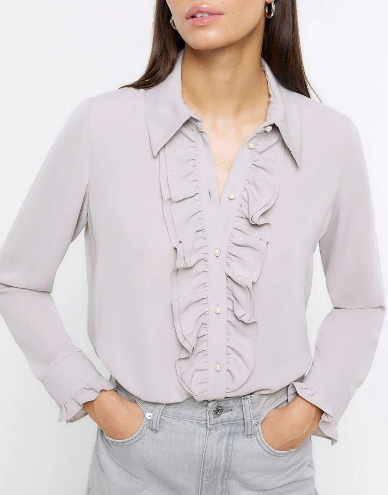 商品River Island|River Island Frill long sleeve shirt in grey - light,价格¥340,第3张图片详细描述