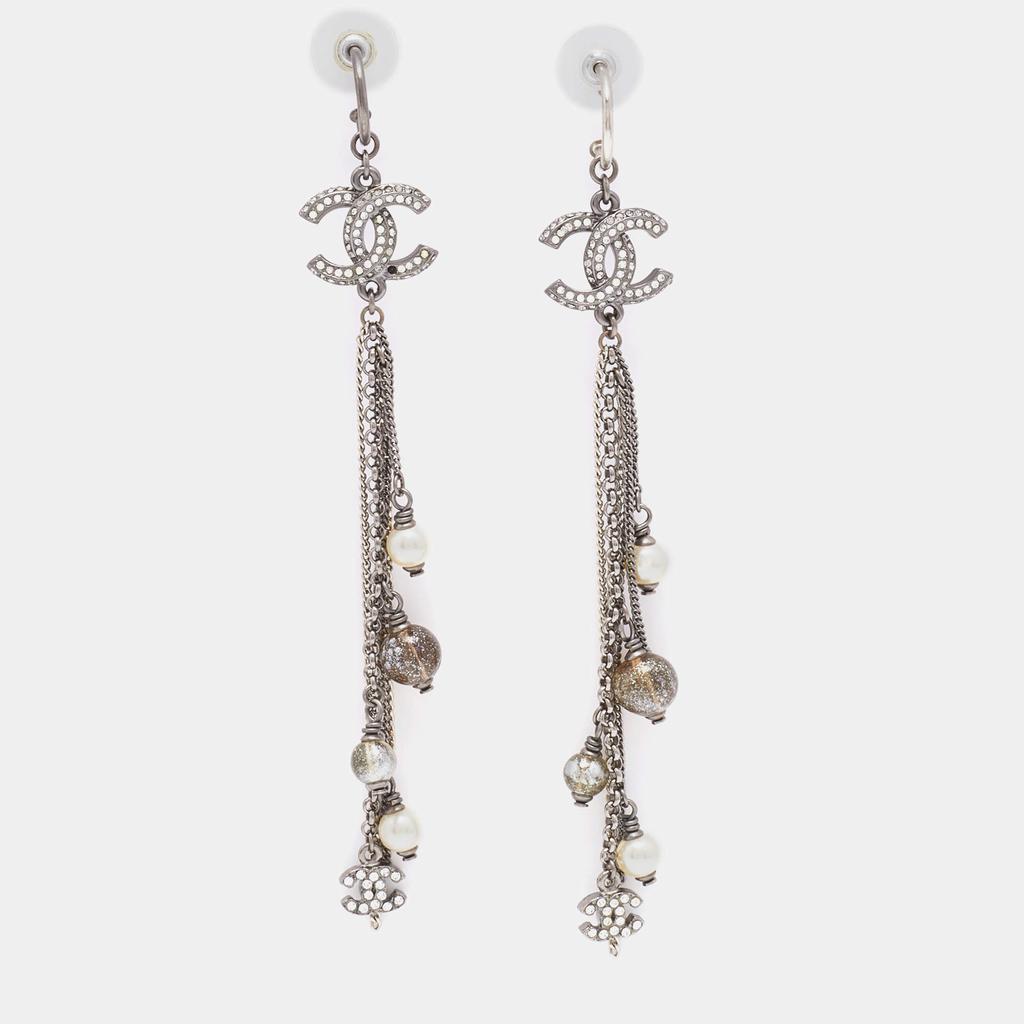 Chanel Gunmetal Tone Crystal CC Faux Pearl & Bead Chain Dangle Earrings商品第1张图片规格展示