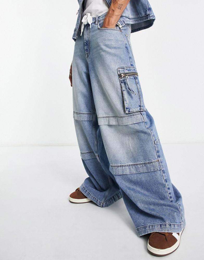 ASOS DESIGN co-ord extreme wide leg jeans in vintage light wash blue with cargo detail商品第1张图片规格展示