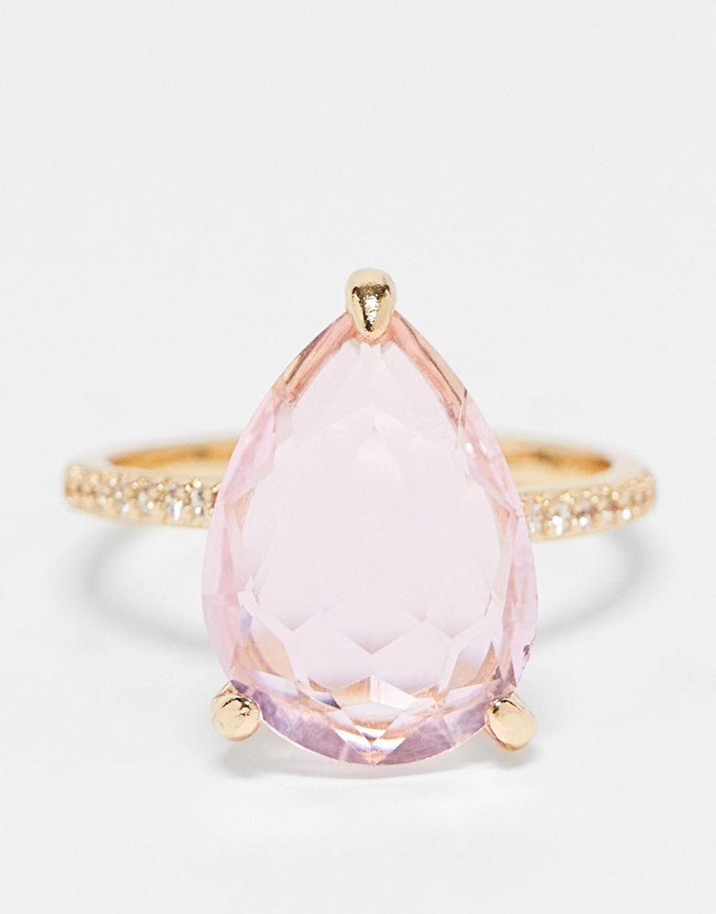 ASOS DESIGN Curve ring with teardrop pink crystal in gold tone商品第2张图片规格展示