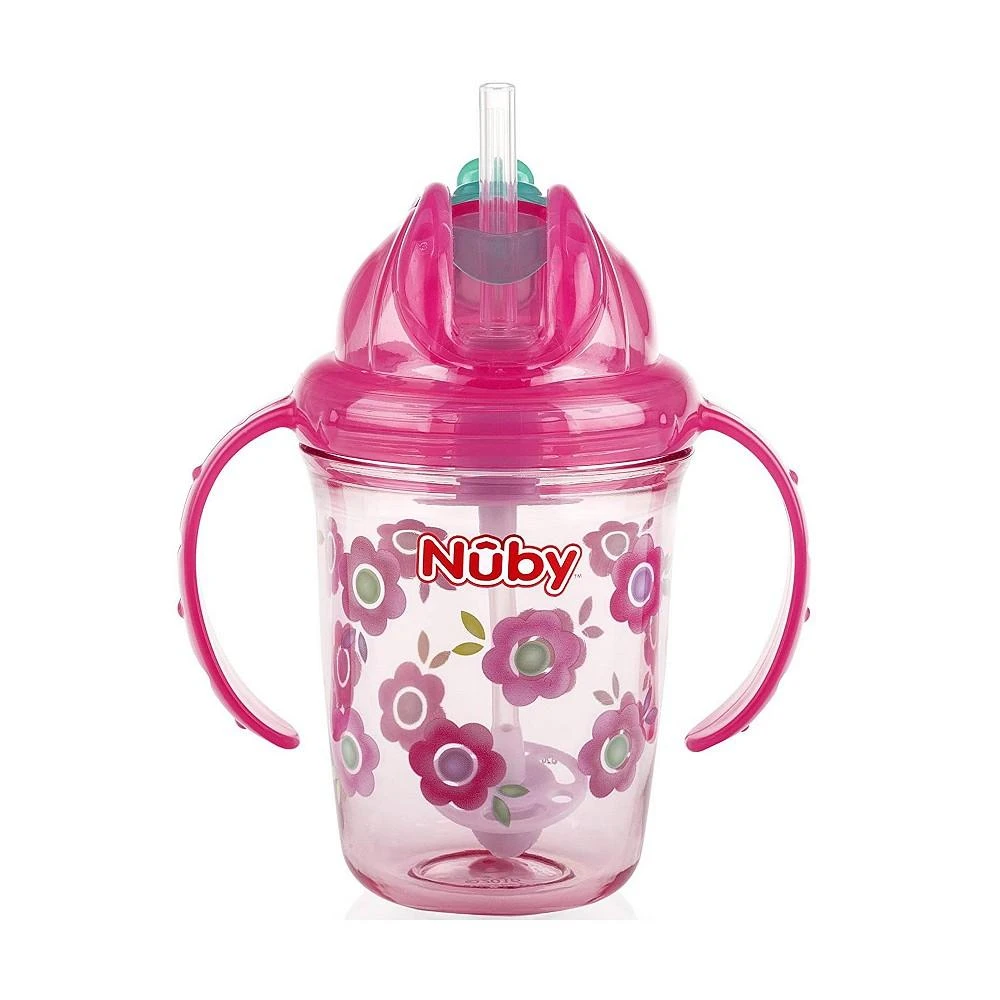 商品Nuby|Tritan No Spill Flip N' Sip Twin Handle 360 Weighted Straw Cup, Pink,价格¥131,第1张图片