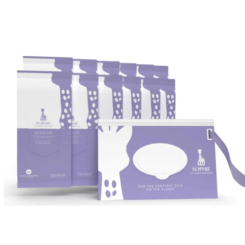 商品Sophie la Girafe Babycare|"Tiny Traveler" Kit, Includes 4 Minis: Hair & Body Wash, Tushy Cream, Baby Lotion, Face Cream plus 6 Travel Wipes (20 count) in Re-usable Travel Pouch,价格¥187,第1张图片