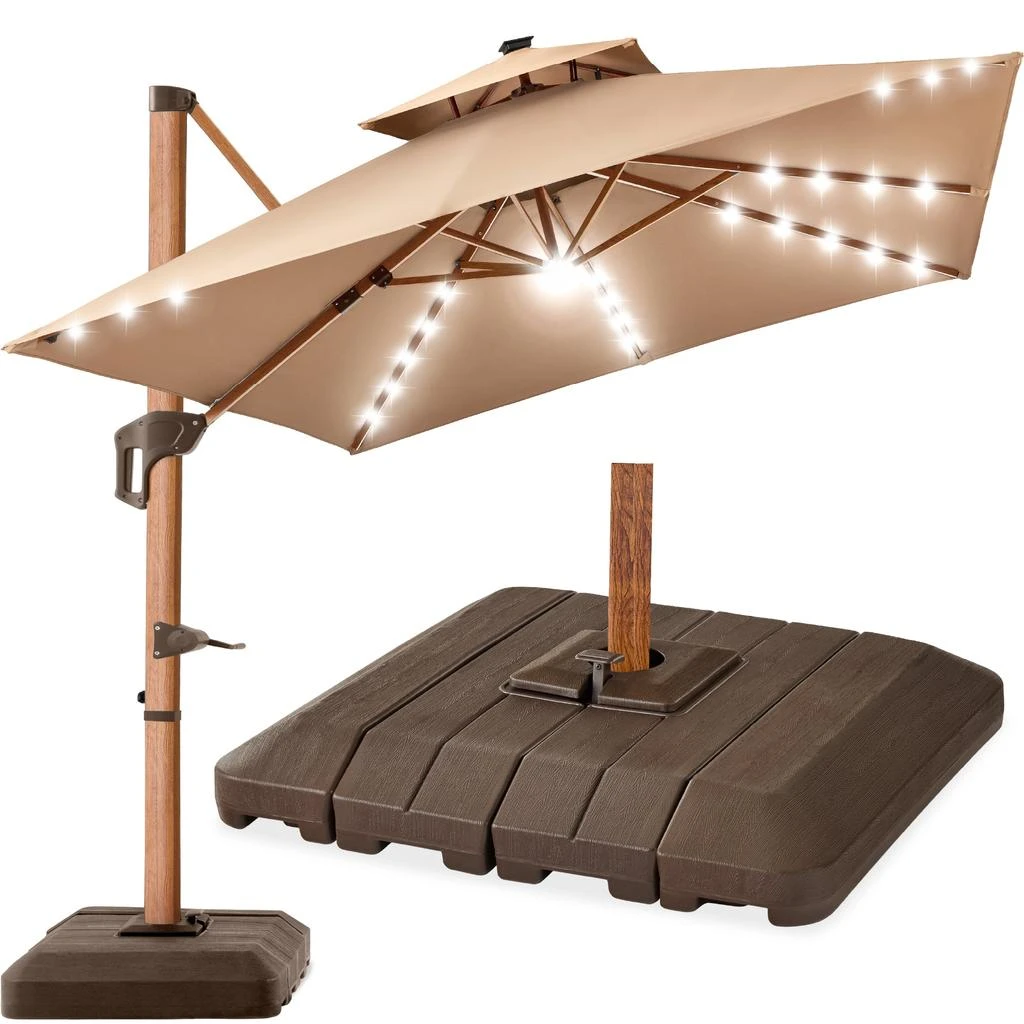 商品Best Choice Products|10ft Square Woodgrain Pattern 2-Tier Outdoor Solar LED Cantilever Umbrella w/ Base - Tan,价格¥3746,第1张图片