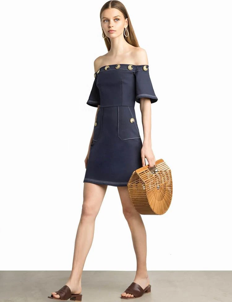 商品Pixie Market|Leah Navy Button Off The Shoulder Dress,价格¥941,第1张图片