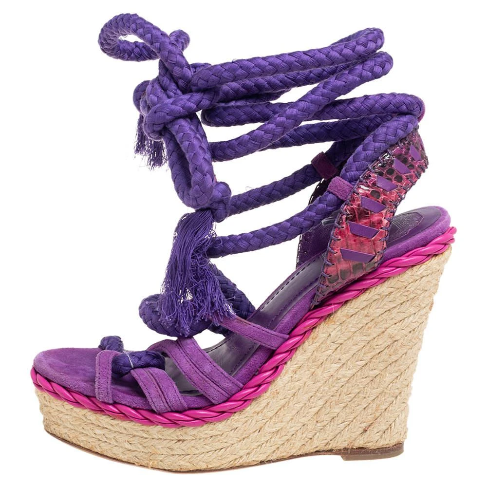 商品[二手商品] Dior|Dior Purple Suede And Python Leather Espadrille Wedge Ankle Wrap Sandals Size 36,价格¥941,第2张图片详细描述