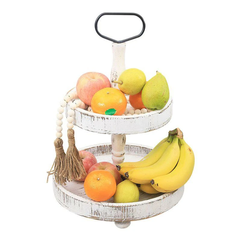 商品Fresh Fab Finds|2 Tier Round Farmhouse Tray For kitchen Table Food Fruit Cupcake Stand Coffee Countertop Display Tray (2-Tier) White,价格¥448,第1张图片