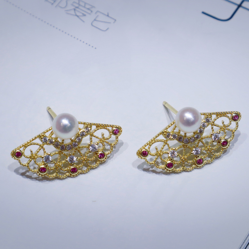 925银镀18K金天然淡水珍珠akoya光泽玲珑扇耳钉商品第4张图片规格展示
