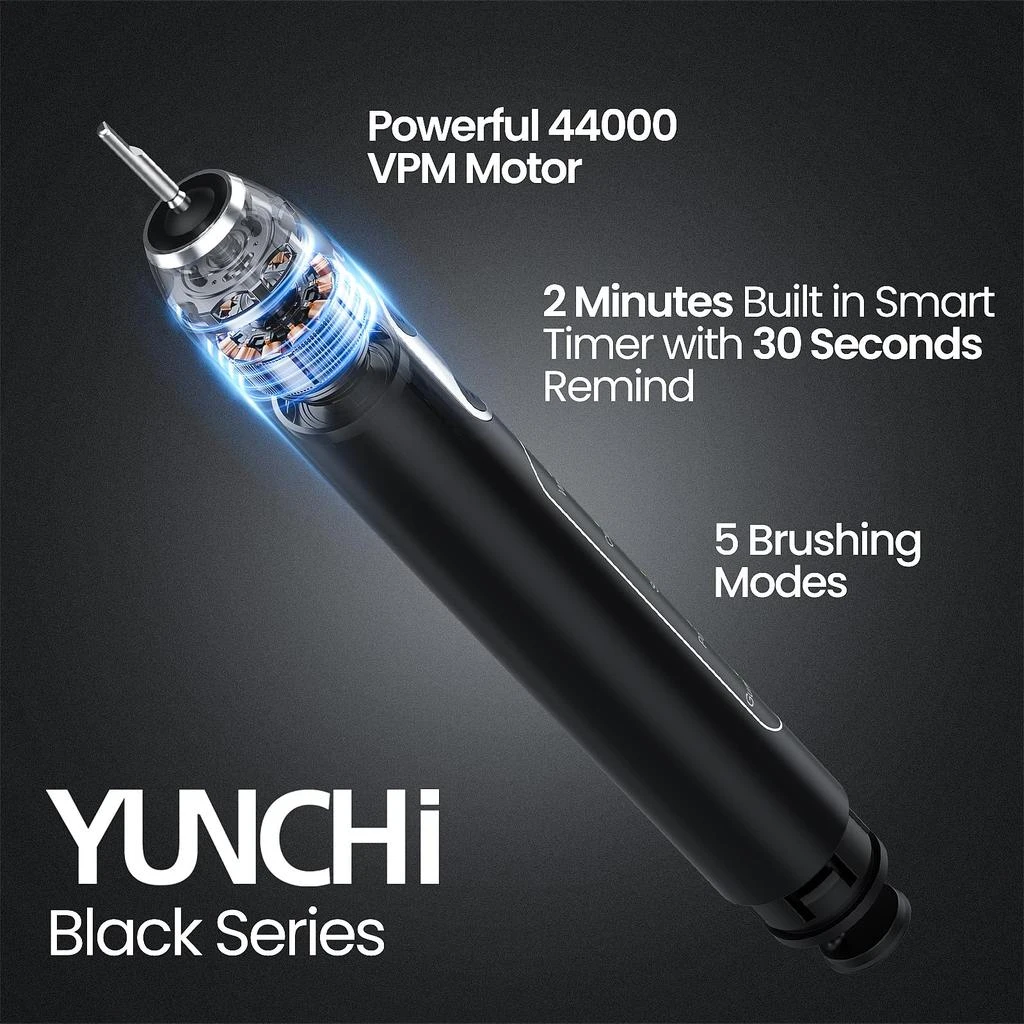 商品YUNCHI|YUNCHI Electric Toothbrush for Adults, Sonic Toothbrush, Rechargeable Electric Toothbrush with 4 Brush Heads,5 Modes & 2 Minutes Smart Timer,Waterproof,Battery Toothbrush,Black,价格¥75,第2张图片详细描述