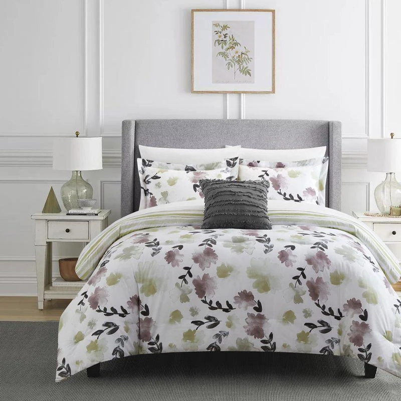 商品Chic Home Design|Devon Green 6 Piece Comforter Set Reversible Watercolor Floral Print Striped Pattern Design Bed In A Bag Bedding TWIN XL,价格¥823,第1张图片