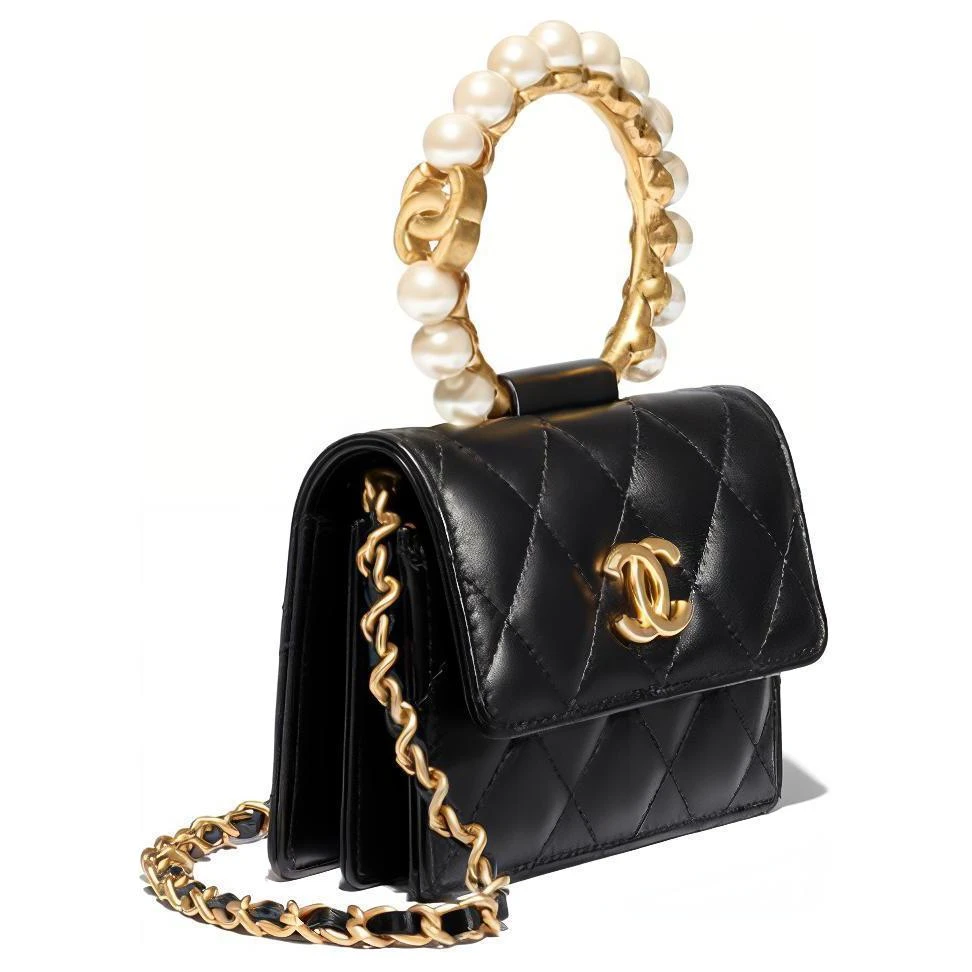 商品[国内直发] Chanel|香奈儿 经典小型链子金属珍珠手柄 羊皮 方盒子零钱包单肩包斜挎包 女款 黑色,价格¥21299,第4张图片详细描述