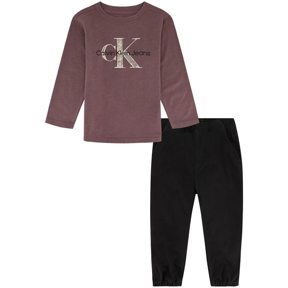 商品Calvin Klein|Little Boys Classic Logo Long Sleeve Jersey T-shirt and Twill Joggers, 2 Piece Set,价格¥144,第1张图片