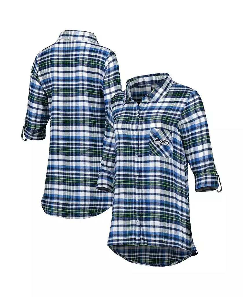 商品Concepts Sport|Women's College Navy, Neon Green Seattle Seahawks Mainstay Flannel Full-Button Long Sleeve Nightshirt,价格¥411,第1张图片