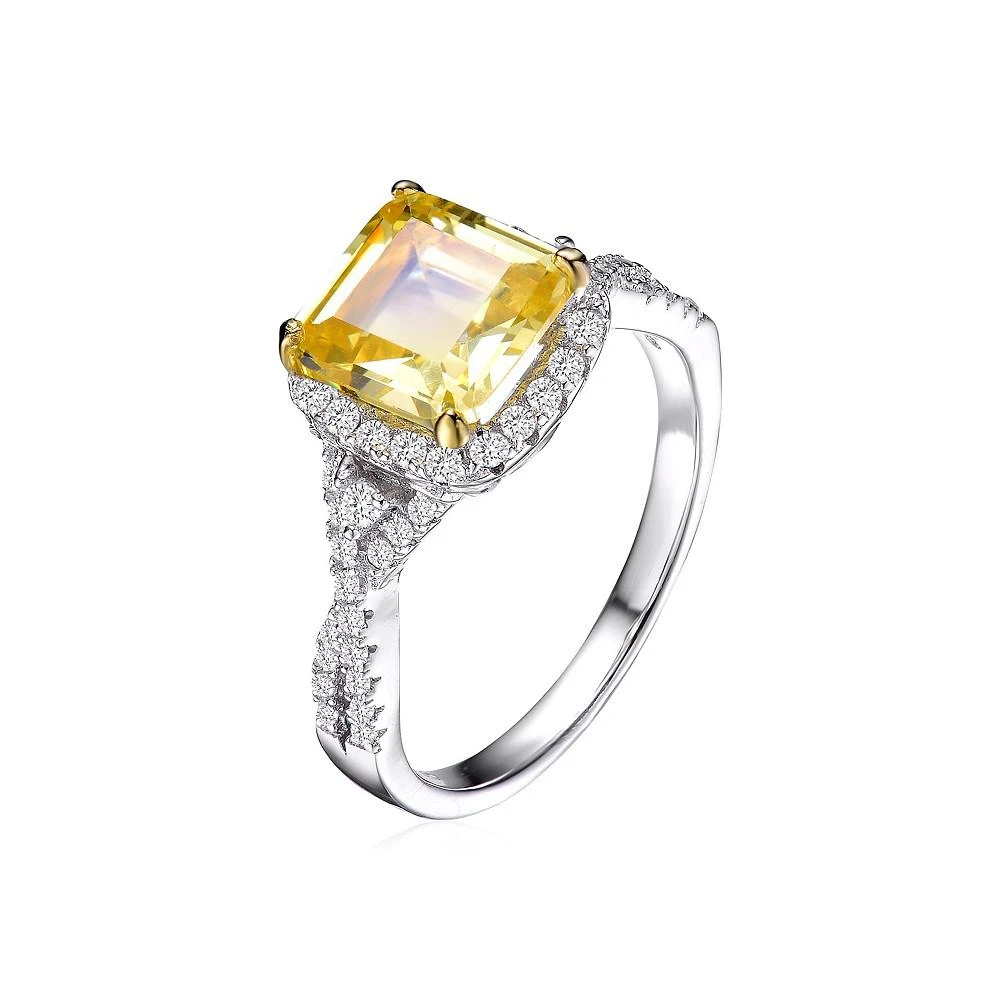 商品Genevive|Sterling Silver White Gold Plated Yellow Cushion Cubic Zirconia with Clear Round Cubic Zirconias Accent Twisted Ring,价格¥804,第1张图片