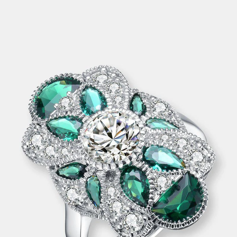 商品Genevive|Sterling Silver Emerald Cubic Zirconia Floral Cocktail Ring,价格¥451,第1张图片
