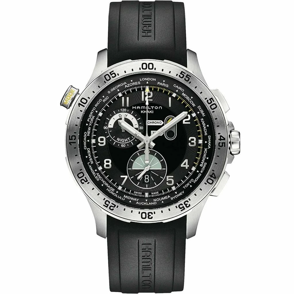 商品Hamilton|Hamilton Men's Watch - Khaki Aviation Chrono Black Dial Rubber Strap | H76714335,价格¥5109,第1张图片