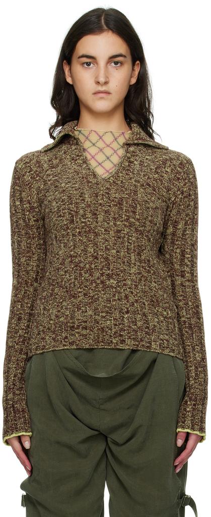 Brown & Yellow V-Neck Polo Sweater商品第1张图片规格展示