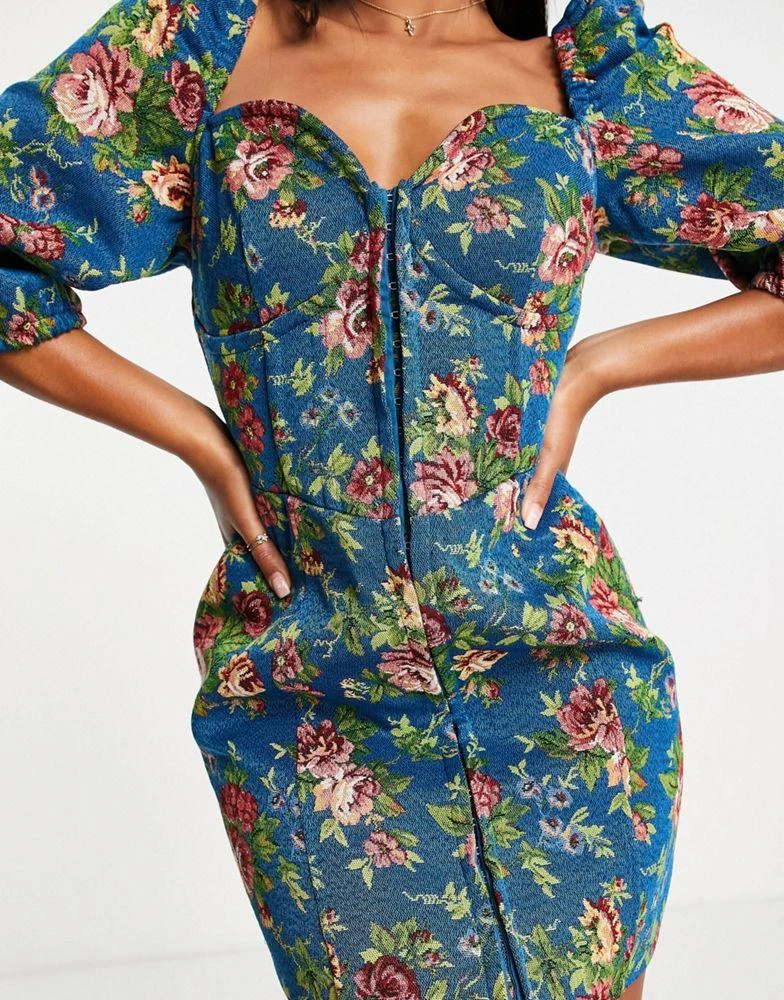 商品ASOS|ASOS DESIGN tapestry corset mini dress with long sleeves in blue floral,价格¥136,第4张图片详细描述