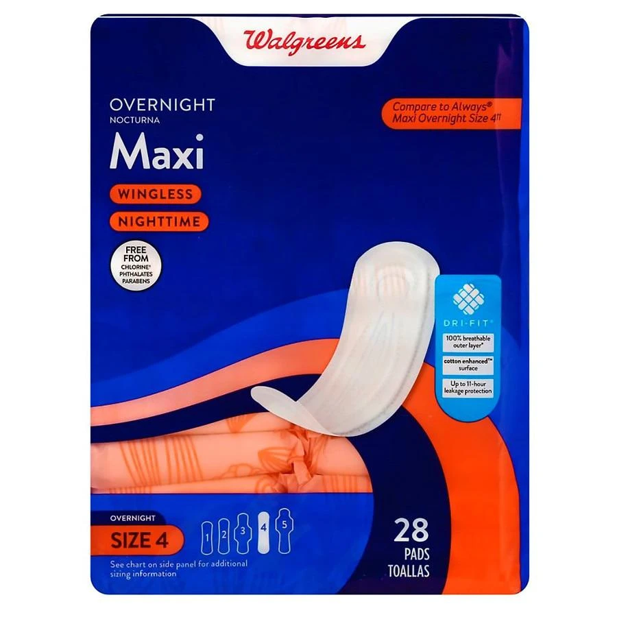 商品Walgreens|Maxi Pads, Overnight, Wingless Size 4 (ct. 28),价格¥50,第1张图片