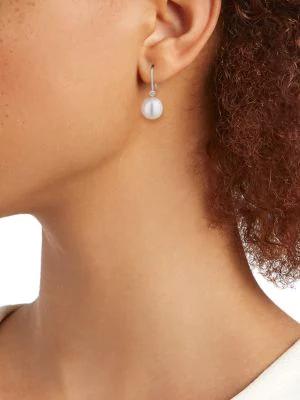 14K White Gold, 10-11MM Round Freshwater Pearl & Diamond Drop Earrings商品第2张图片规格展示