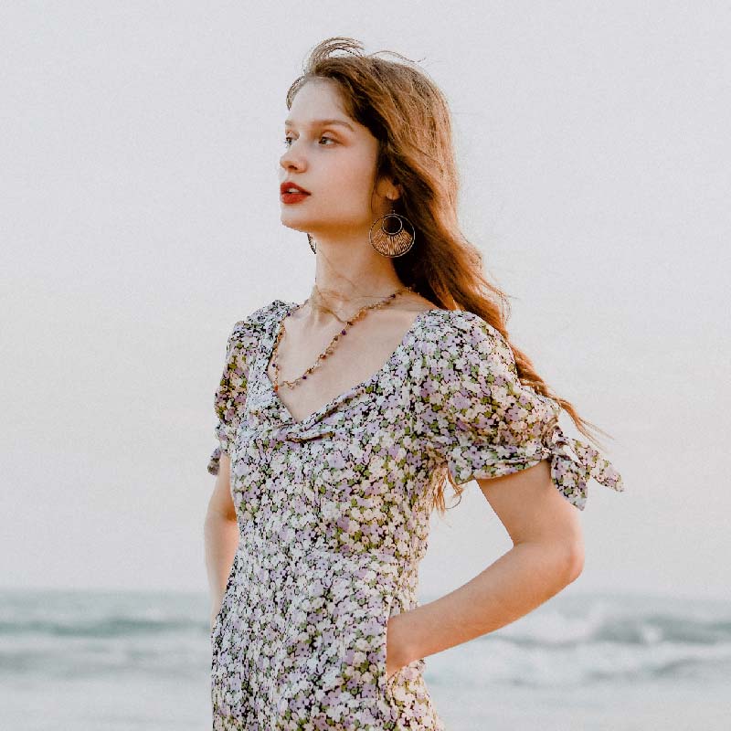 Zahra紫色小雏菊印花纽结泡泡袖复古连衣裙 | Zahra Dress - Floral Print商品第2张图片规格展示