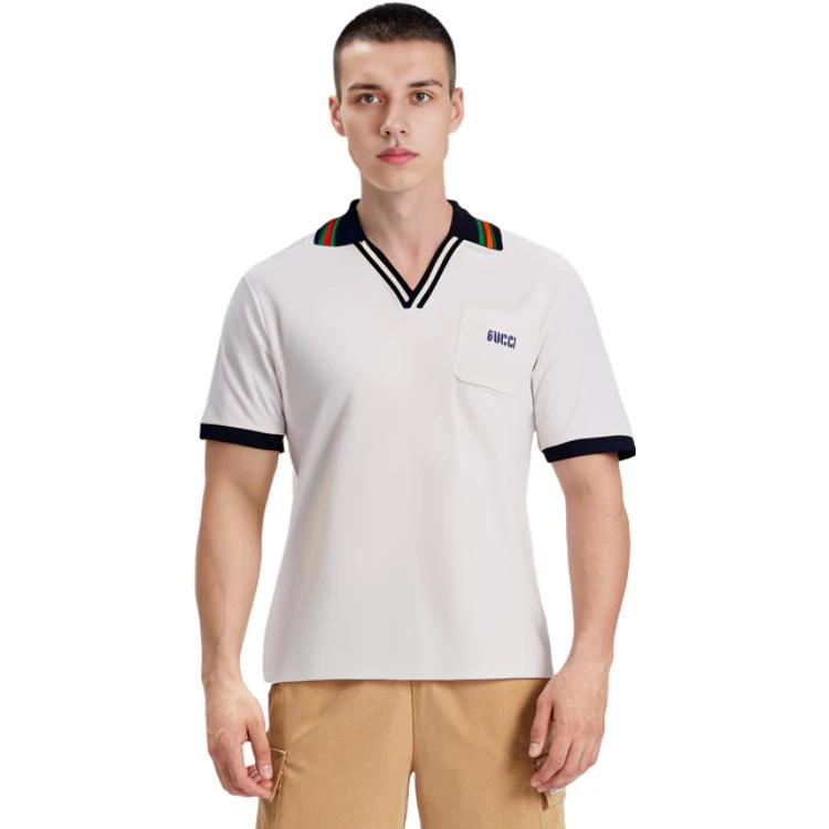 商品[国内直发] Gucci|/古驰 SS23 条纹饰边V领短袖Polo衫 男款 白色,价格¥3973,第5张图片详细描述