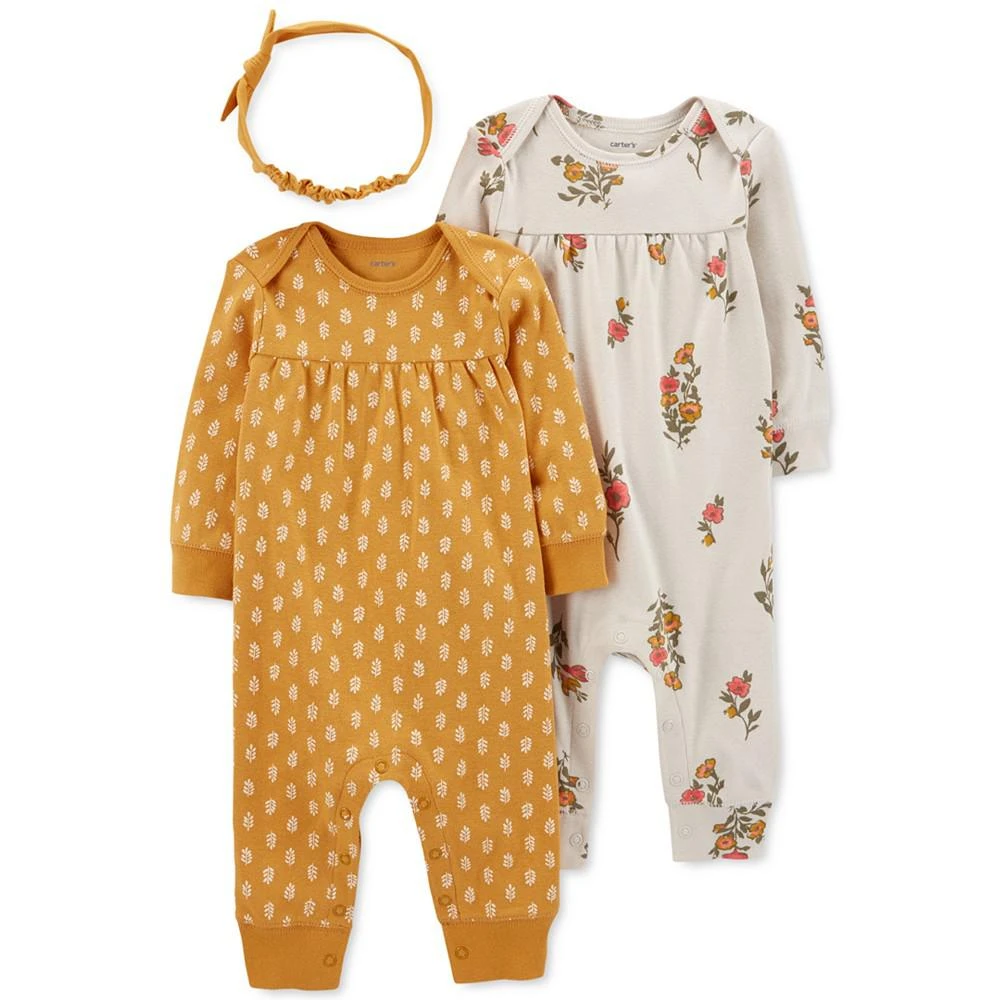 商品Carter's|Baby Girls Footless Coveralls and Headband Set, 3 Piece Set,价格¥128,第1张图片