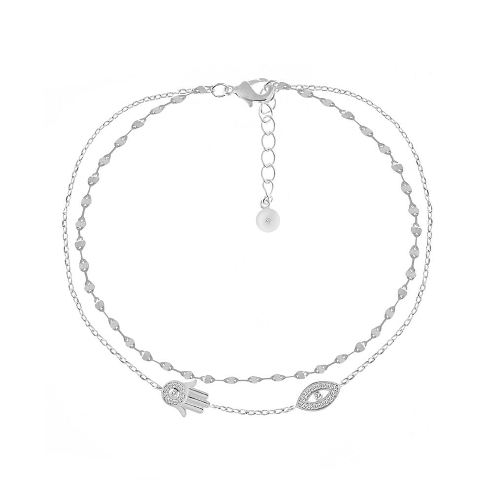 Double Row Cubic Zirconia Hamsa Hand and Evil Eye Anklet in Silver Plate商品第1张图片规格展示