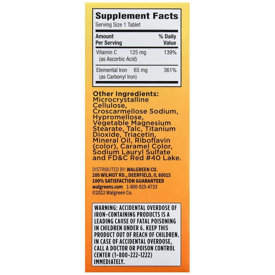 商品Walgreens|Iron 65 mg + Vitamin C Tablets,价格¥97,第3张图片详细描述