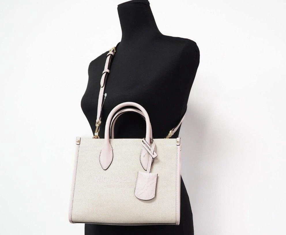 商品Michael Kors|Michael Kors Mirella Small Powder Blush Canvas Shopper Crossbody Handbag Purse,价格¥2069,第2张图片详细描述