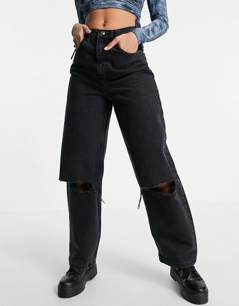 商品Topshop|Topshop Baggy jeans with low knee rips in washed black,价格¥170,第4张图片详细描述