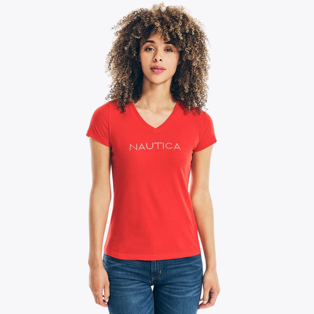 Nautica Womens Studded Logo V-Neck T-Shirt商品第3张图片规格展示