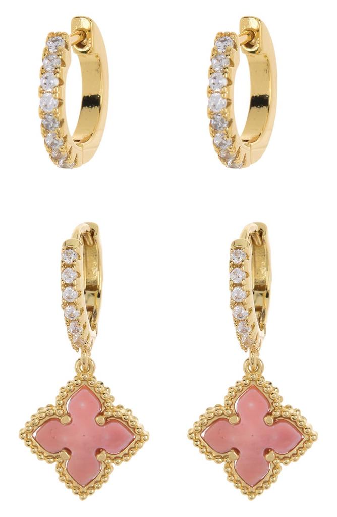 14K Gold Plated Pave Swarovski Crystal Huggie Pink Mother-of-Pearl Quatrefoil Drop Earrings Set商品第1张图片规格展示