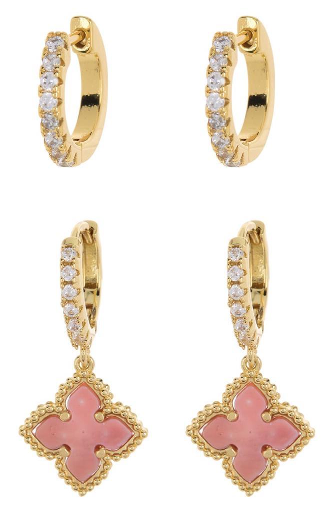 商品ADORNIA|14K Gold Plated Pave Swarovski Crystal Huggie Pink Mother-of-Pearl Quatrefoil Drop Earrings Set,价格¥215,第1张图片