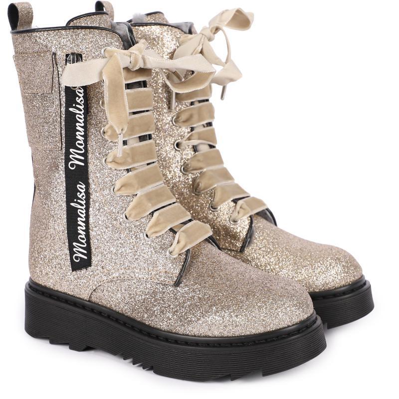 商品MONNALISA|Glittery logo boots with rich lacing in golden,价格¥1824-¥1861,第1张图片