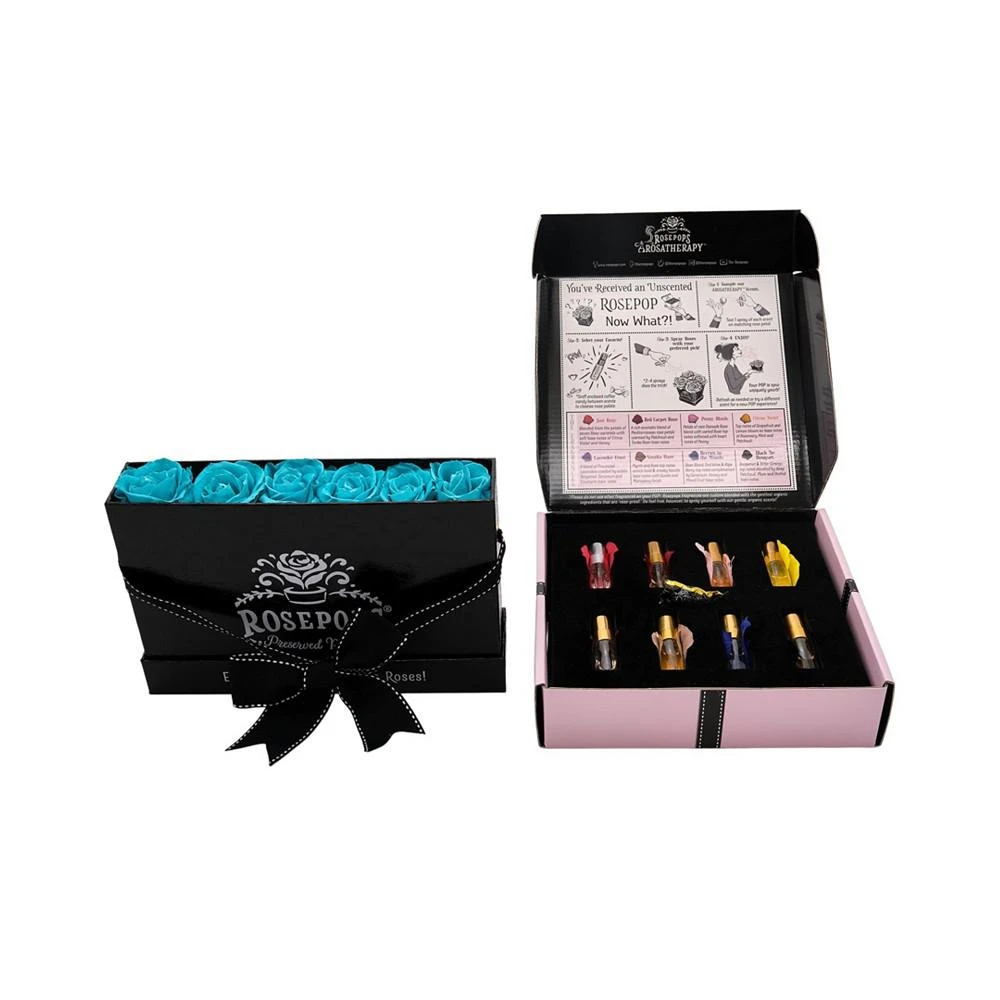 商品Rosepops|POP-Up Box of 6 Unscented Blue Topaz Real Roses with a Sampler Set of all Arosatherapy ® Fragrances with which to Scent the Roses,价格¥1233,第2张图片详细描述