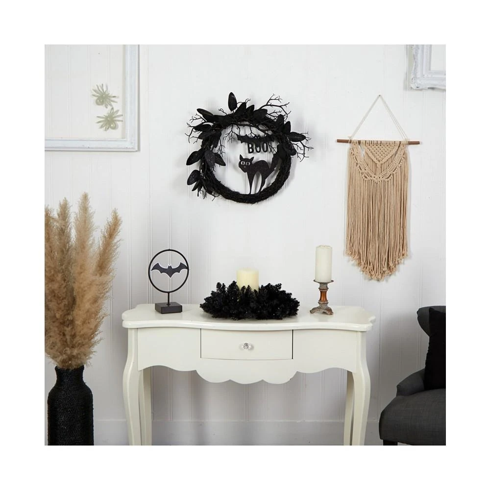 商品NEARLY NATURAL|22" Halloween Black Cat and Bat Boo Twig Wreath,价格¥484,第4张图片详细描述