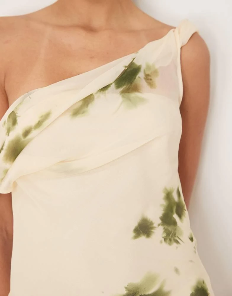 商品ASOS|ASOS DESIGN fallen shoulder twist cowl neck  seam detail midi dress in cream and green blur print,价格¥437,第3张图片详细描述