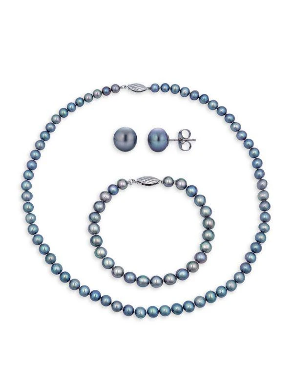 商品BELPEARL|Sterling Silver & 7-8MM Gray Cultured Pearl 3-Piece Necklace, Bracelet & Earrings Set,价格¥710,第1张图片