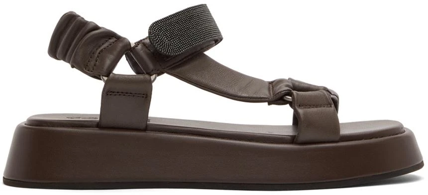 商品Brunello Cucinelli|Brown Leather Crystal Velcro Sandals,价格¥4220,第1张图片