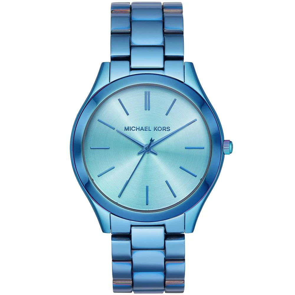 商品Michael Kors|Women's Slim Runway Iridescent Blue IP Stainless Steel Bracelet Watch 42mm,价格¥955,第1张图片