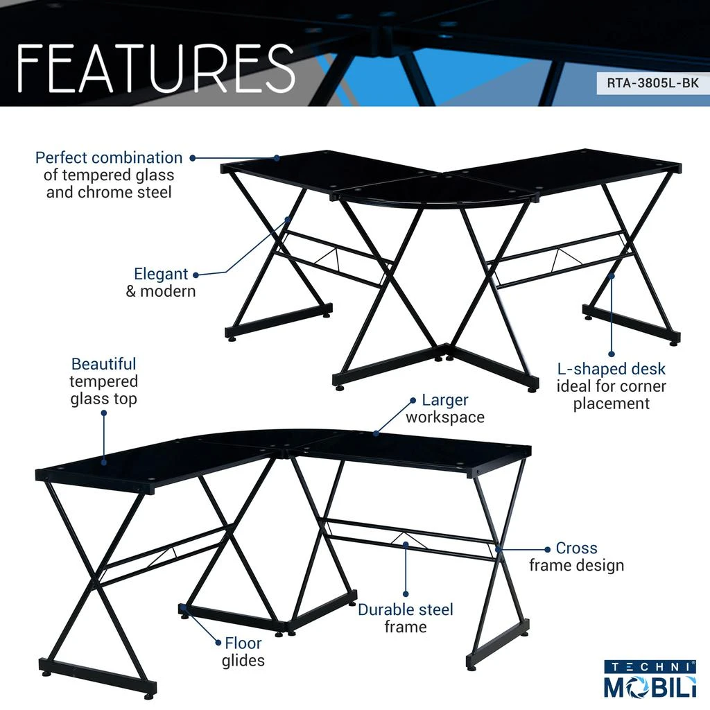 商品Streamdale Furniture|Streamdale L-Shaped Glass Computer Desk,价格¥1703,第5张图片详细描述